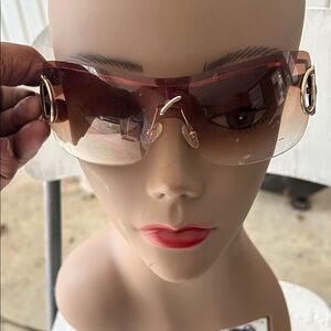 Brown Rimless Gradient Shield Sunglasses with Gold Accents